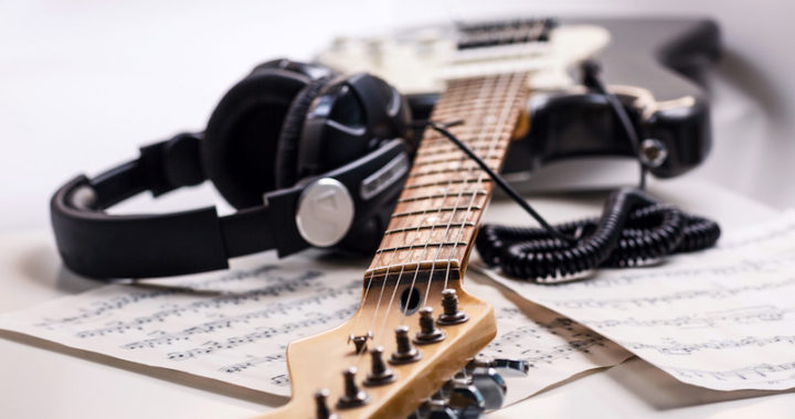 Guitar, headphones and music